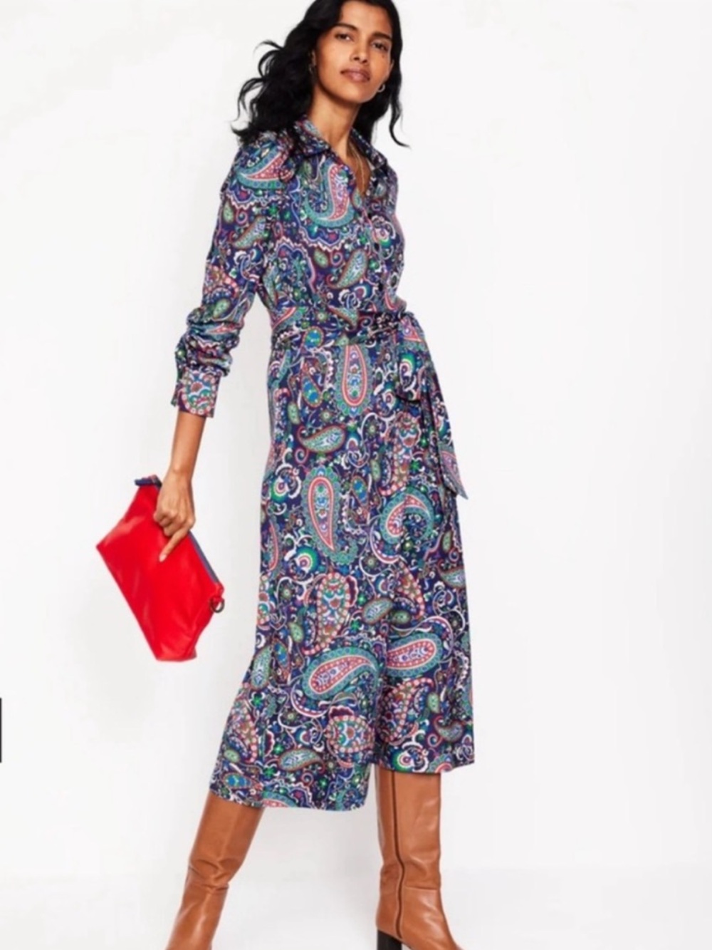 Boden Laura paisley tie-waist Long Sleeve Dress